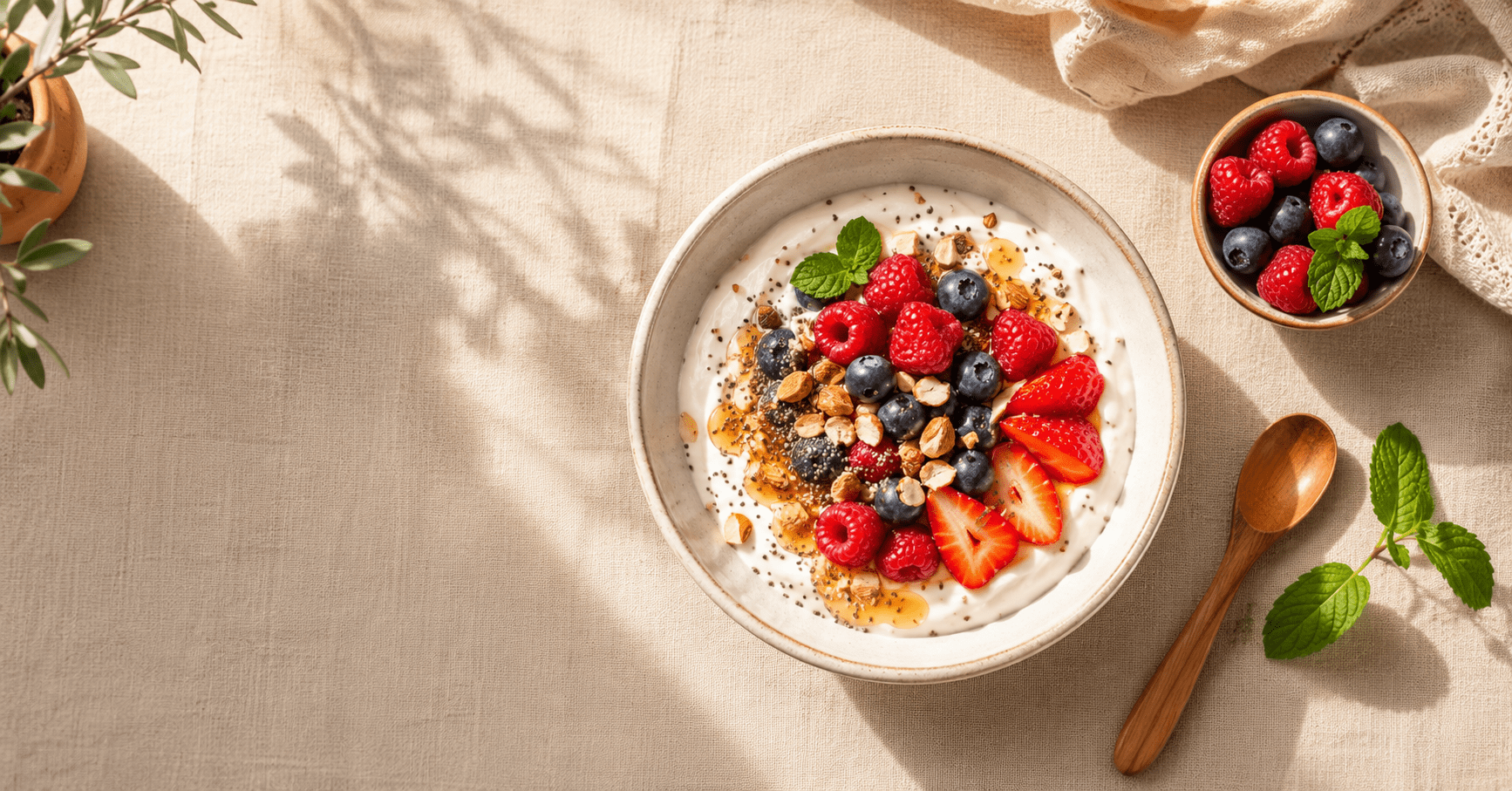 Greek yogurt bowl with berries and nuts on a wooden table — how to stop sugar cravings naturally with balanced Mediterranean meals