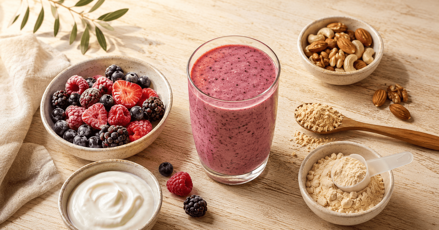 Post-workout protein smoothie ingredients on cream background — how to use protein powder to stay full all day