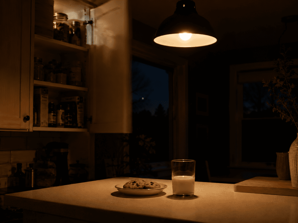 Dimly lit kitchen at night with open cabinet — late night sugar cravings caused by unbalanced meals