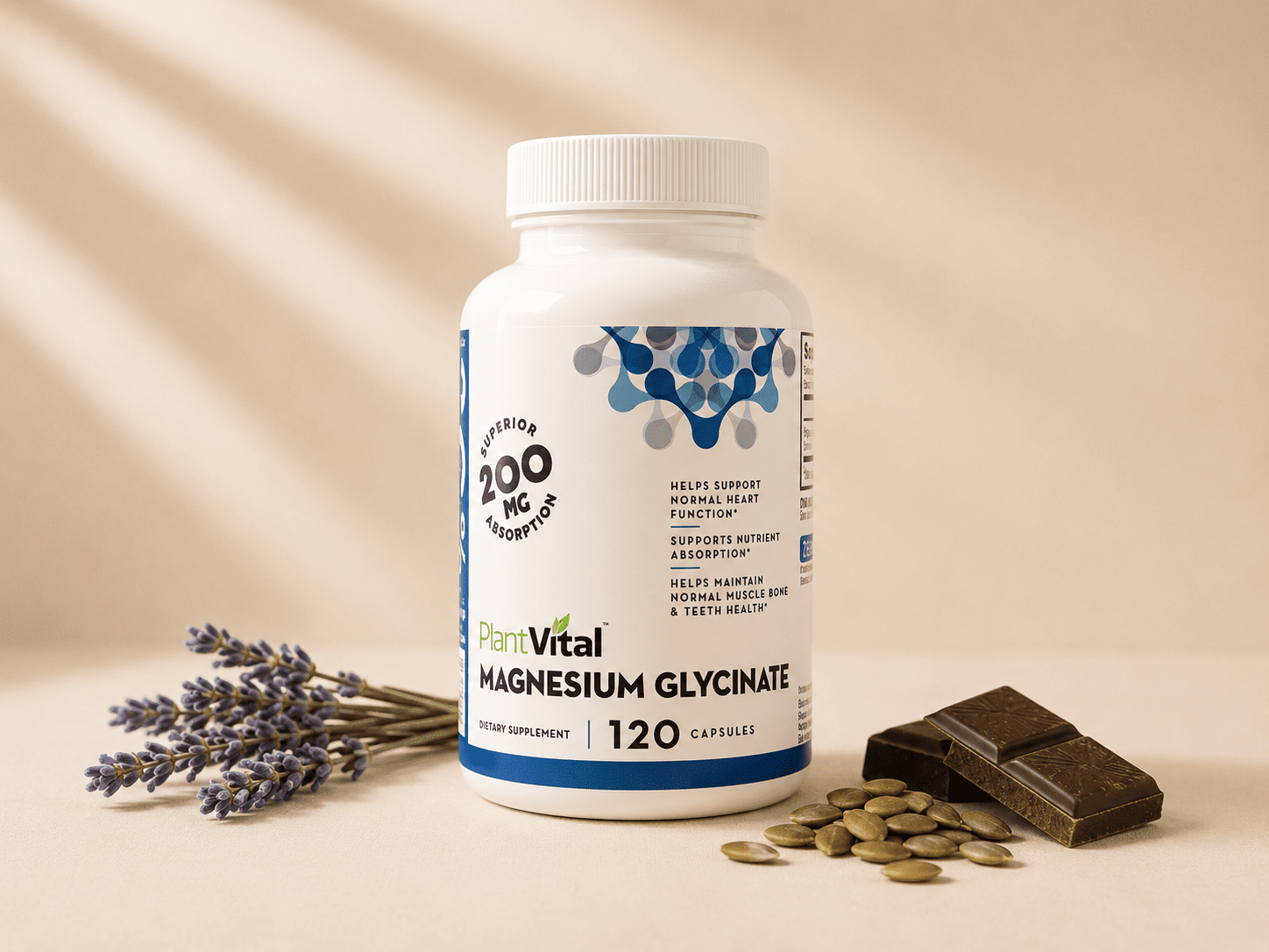 PlantVital magnesium glycinate supplement on cream background — best magnesium for nighttime cravings and stress eating
