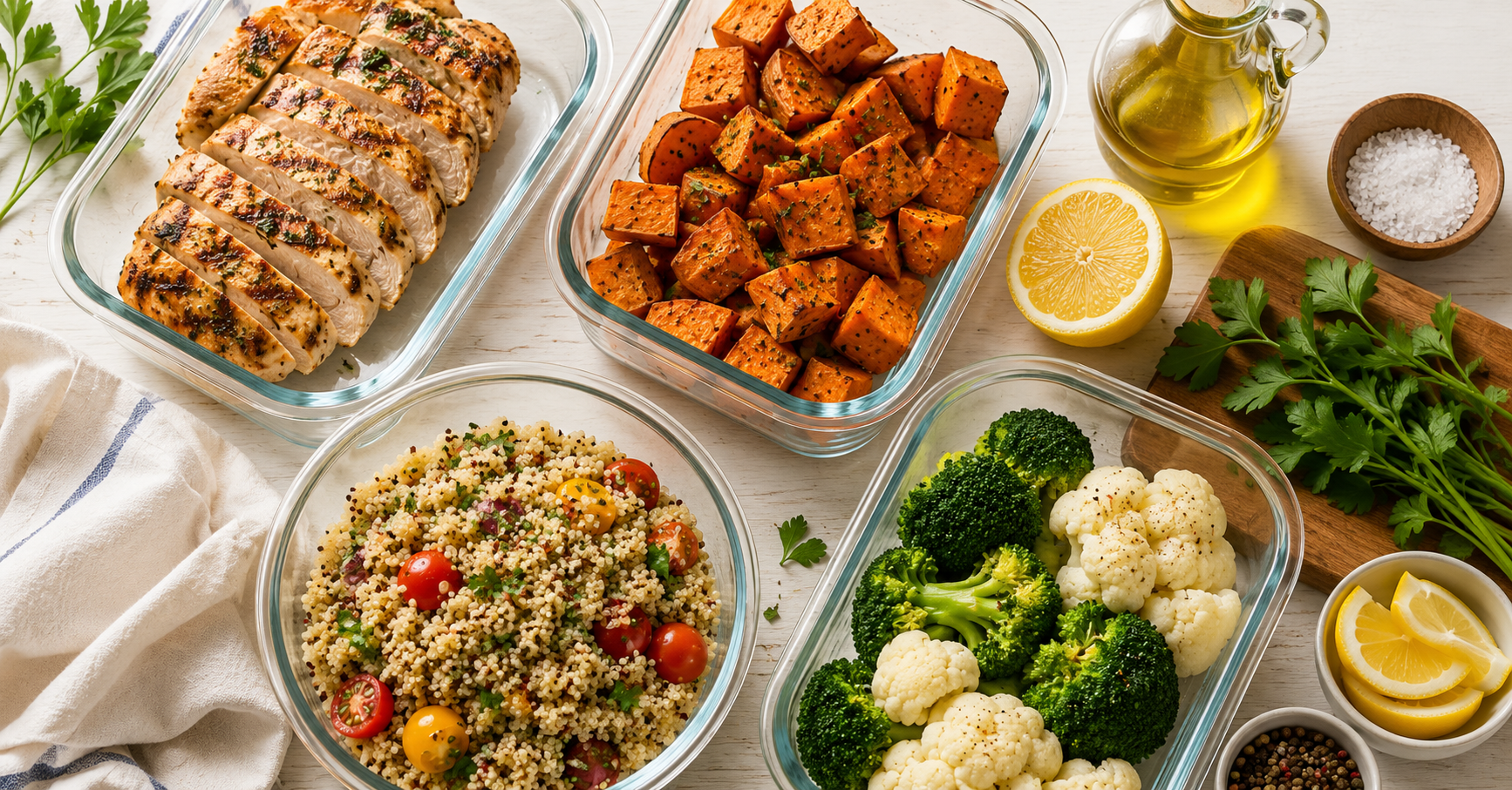 Mediterranean meal plan spread with grilled chicken roasted sweet potato steamed vegetables quinoa and olive oil for craving control