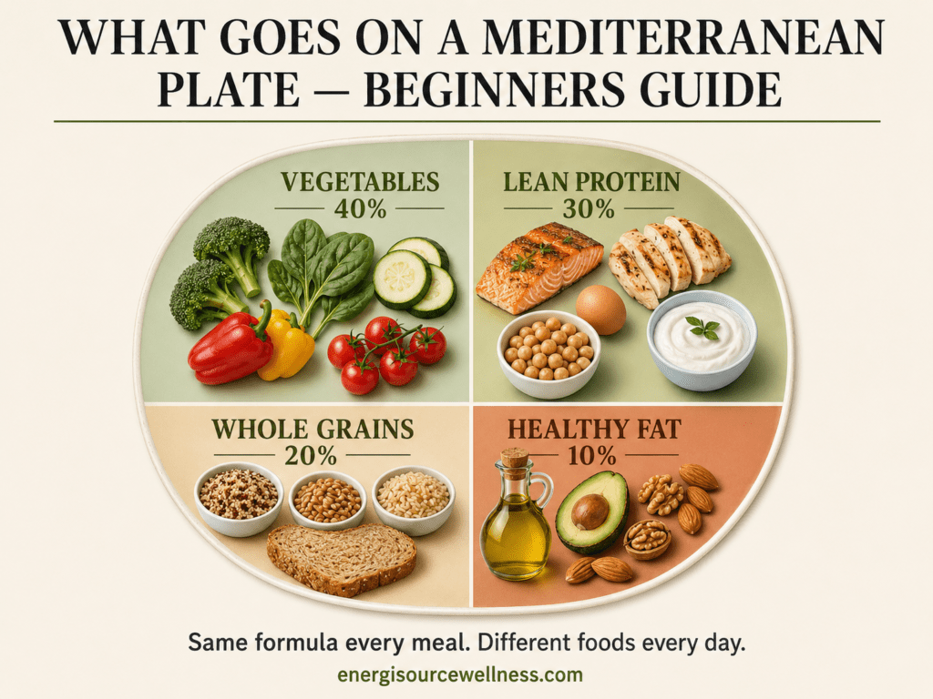 Mediterranean diet plate for beginners showing 40 percent vegetables 30 percent protein 20 percent whole grains and 10 percent healthy fat