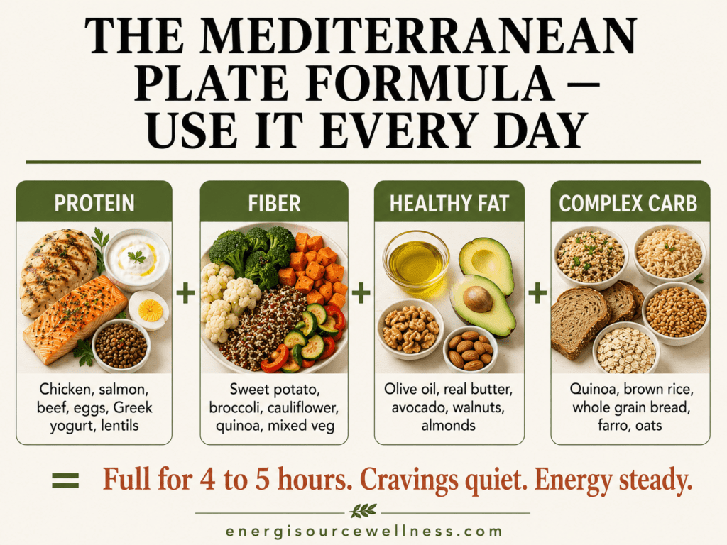 Mediterranean plate formula showing protein fiber healthy fat and complex carb combination that stops cravings and keeps you full 4 to 5 hours