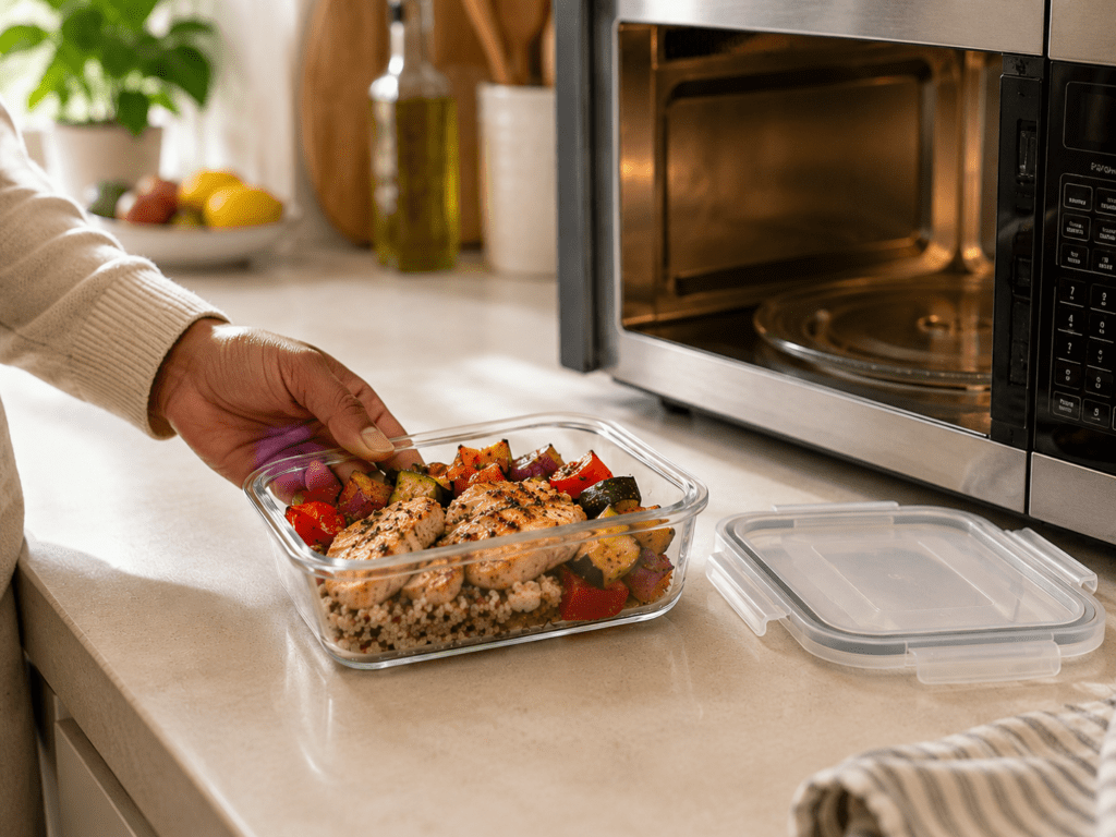 Best Glass Meal Prep Containers (From Someone Who Cares What Touches Their Food) Hand placing a glass meal prep container with the lid removed near a microwave, microwave safe glass meal prep containers