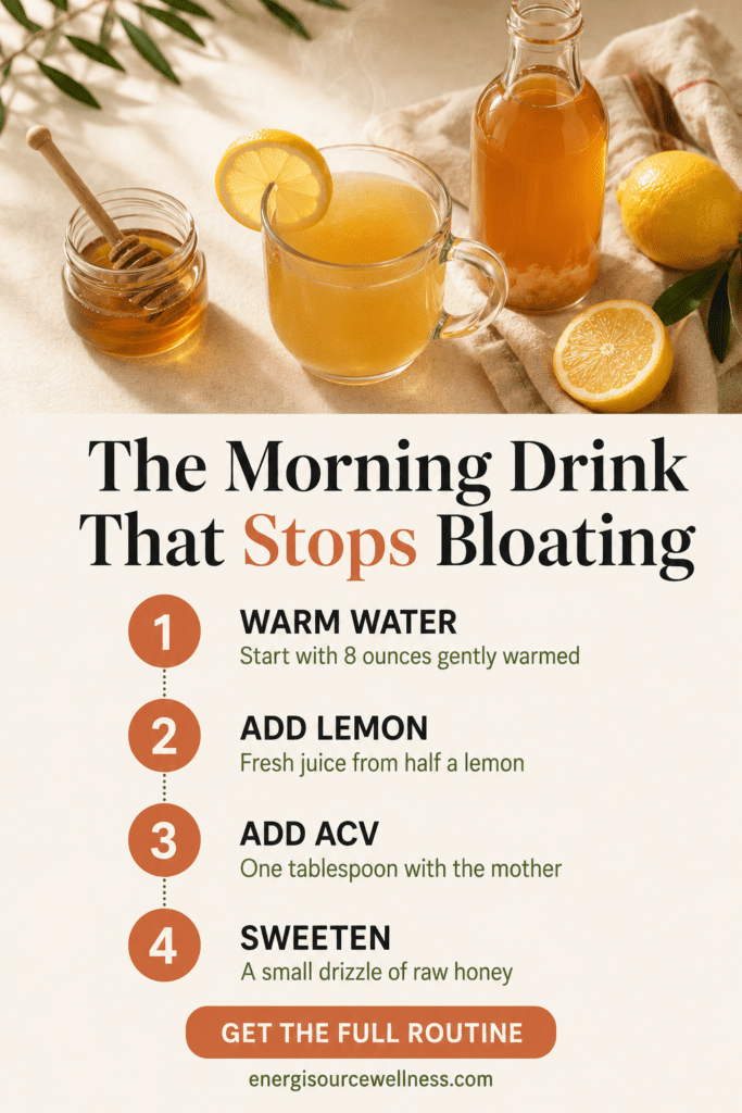 Foods That Reduce Bloating Fast (10 Real Fixes I Use Every Week) Warm lemon water with apple cider vinegar and honey in a glass mug with 4 step recipe, morning drink for fast bloating relief