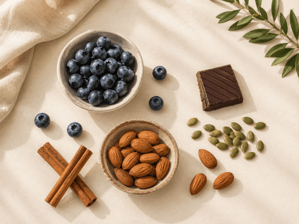 Whole foods that support blood sugar on cream background — natural supplements for cravings control Mediterranean diet