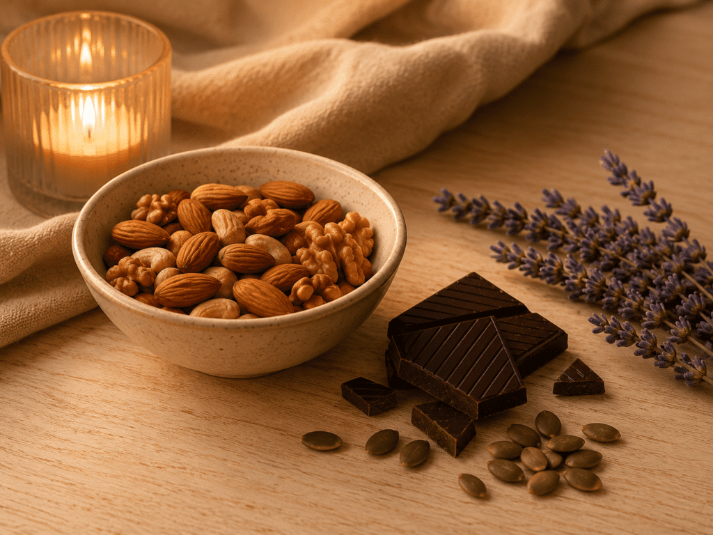 Calming whole foods for nighttime cravings on cream background — natural magnesium foods for blood sugar and stress eating
