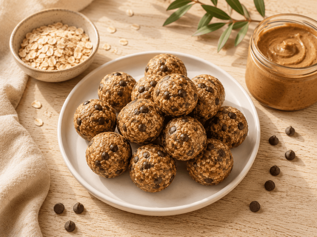 No-bake protein balls with clean protein powder on cream background — high protein snack recipe to stay full