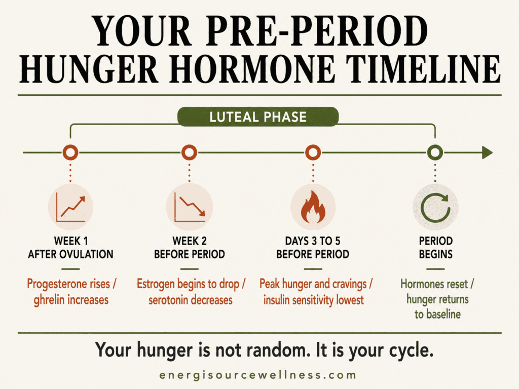 Why Am I So Hungry Before My Period (It Is Not Willpower — Here Is What Is Actually Happening) Pre-period hunger hormone timeline showing progesterone ghrelin estrogen serotonin changes through the luteal phase