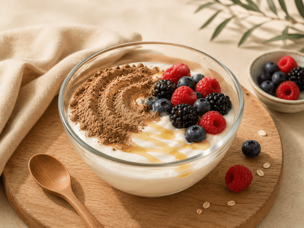 Greek yogurt with chocolate protein powder and berries — natural protein powder recipe for appetite control