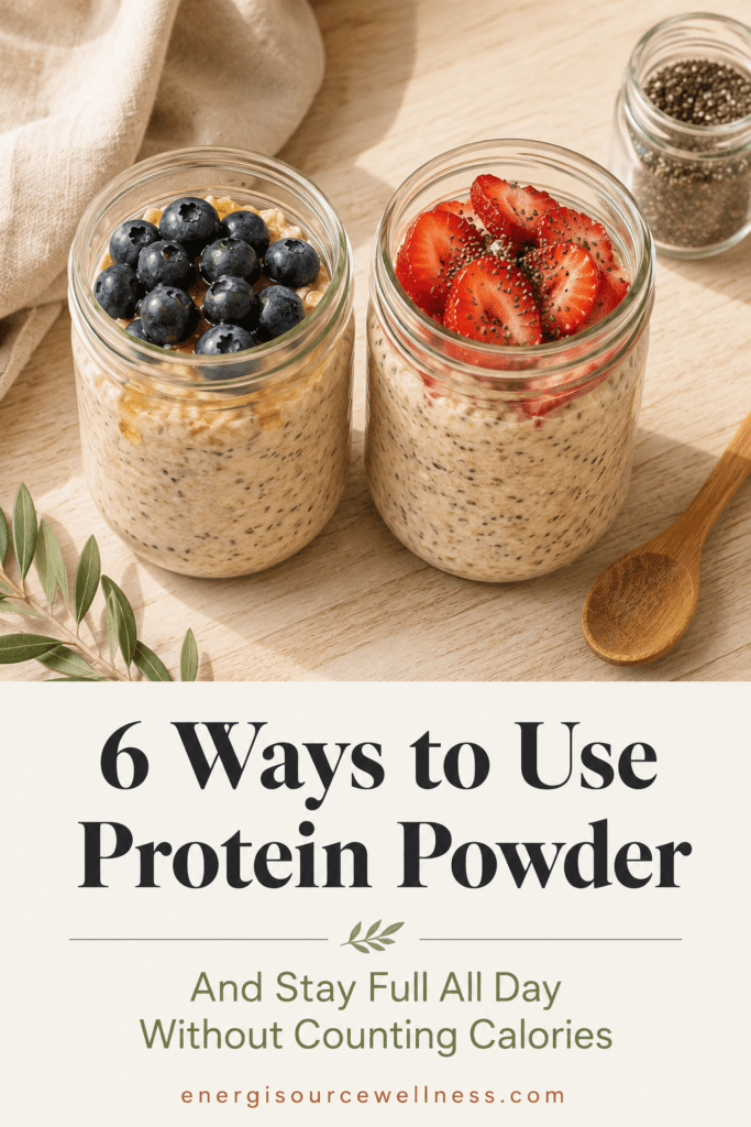 Overnight oats with protein powder and chia seeds in mason jars — how to use protein powder to stay full all day