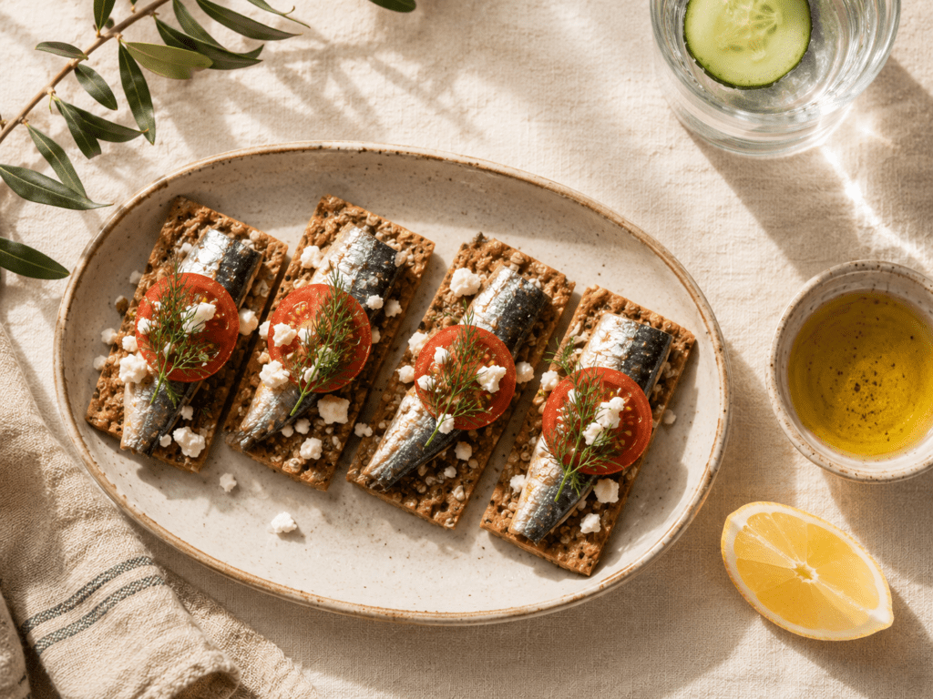 Foods That Reduce Bloating Fast (10 Real Fixes I Use Every Week) Sardines on whole grain crackers topped with tomato and fresh dill, anti bloating snack with Mediterranean ingredients