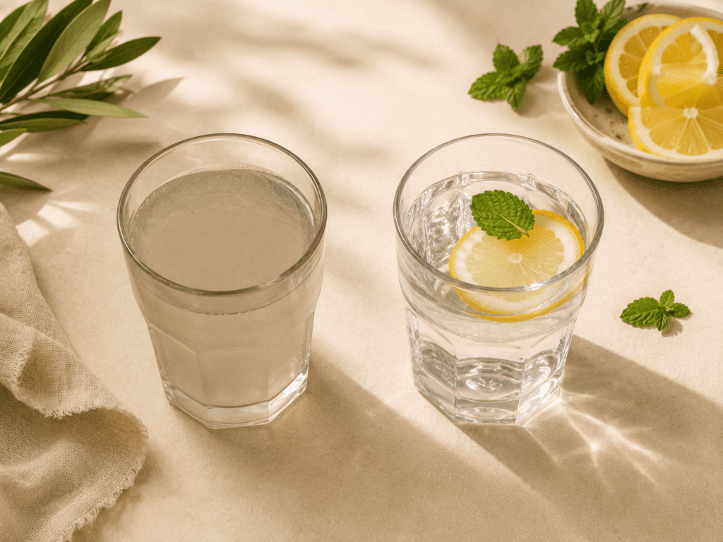 Comparison between tap water and clean filtered water in a glass — water pitcher with filter removes PFAS fluoride and lead contaminants