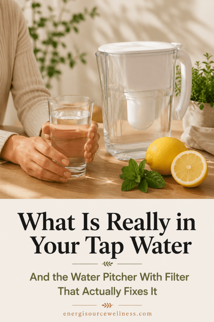Water pitcher with filter on kitchen counter with fresh lemon and herbs — what is really in your tap water and how it affects blood sugar and hormones