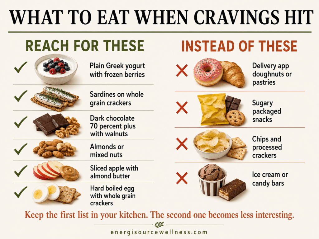 How to Stop Food Cravings Naturally (This Is Not a Willpower Problem) What to eat when food cravings hit chart showing Mediterranean whole food alternatives to processed sugary snacks