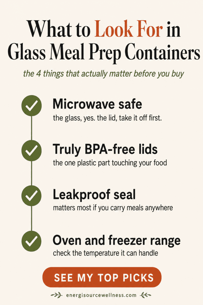 Best Glass Meal Prep Containers (From Someone Who Cares What Touches Their Food) Checklist of what to look for in glass meal prep containers including microwave safe and leakproof lids, glass meal prep containers