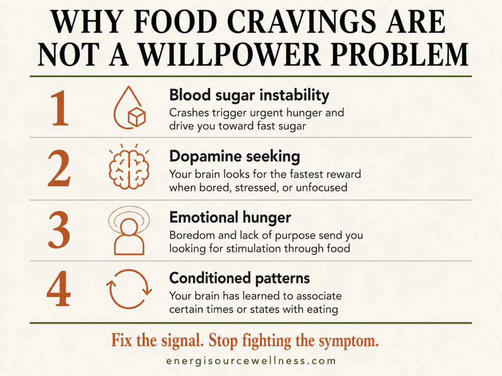 How to Stop Food Cravings Naturally (This Is Not a Willpower Problem) Why food cravings are not a willpower problem chart showing blood sugar dopamine emotional hunger and conditioned patterns as real causes