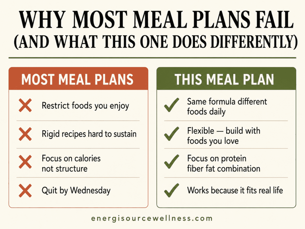 Why most meal plans fail comparison chart showing restriction vs Mediterranean meal structure approach for sustainable craving control