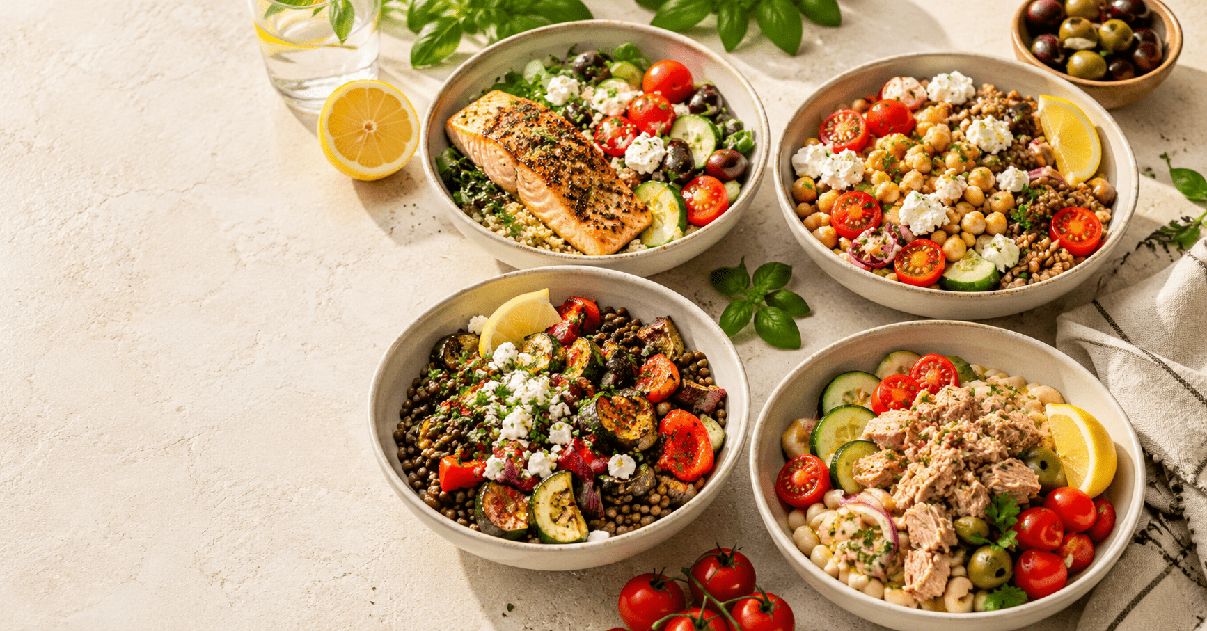 Four Mediterranean lunch bowls with salmon, chickpeas, lentils and tuna on a cream table, mediterranean lunch bowls
