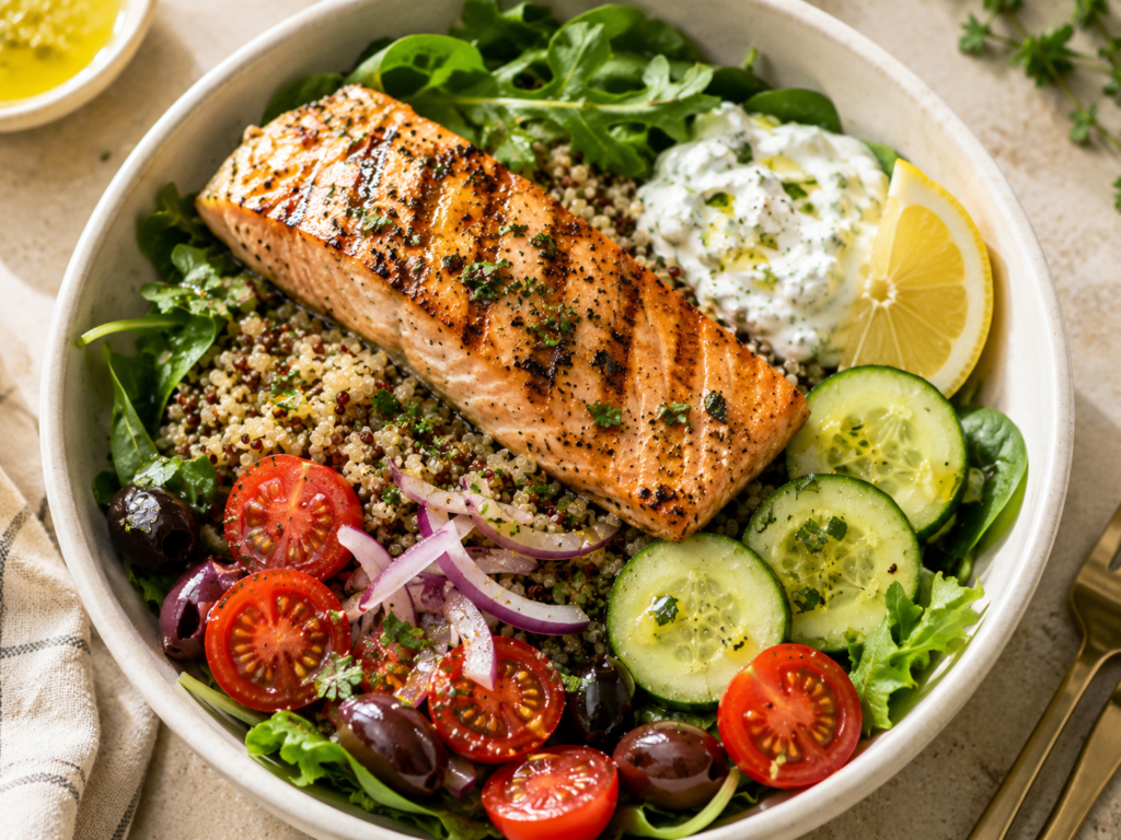 4 Easy Mediterranean Lunch Bowls That Keep You Full All Afternoon Grilled salmon power bowl with quinoa, greens, cucumber and olive oil, high protein mediterranean lunch bowl