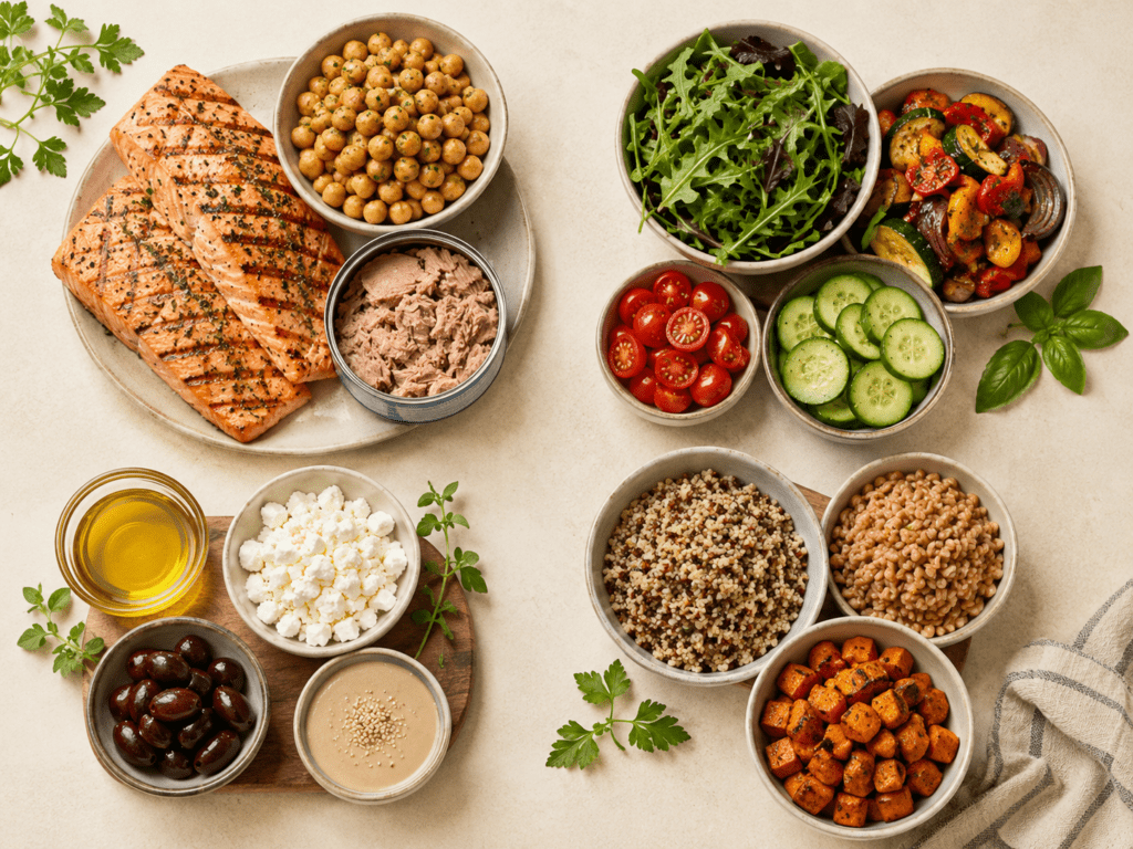 4 Easy Mediterranean Lunch Bowls That Keep You Full All Afternoon Ingredients for a Mediterranean lunch bowl grouped by protein fiber fat and carb, how to build a high protein lunch bowl