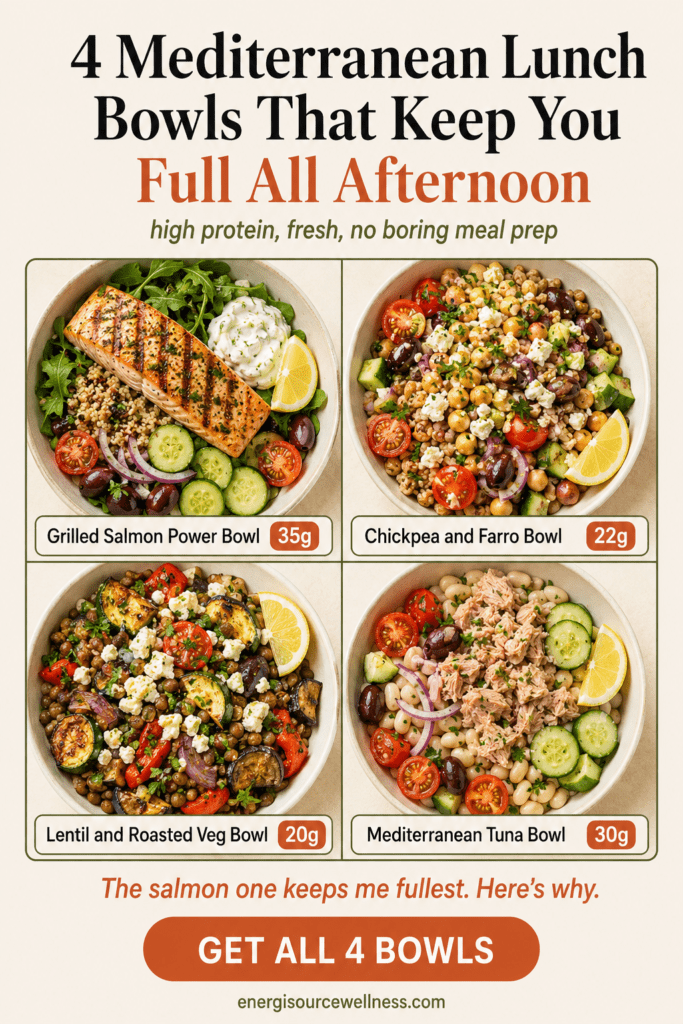 4 Easy Mediterranean Lunch Bowls That Keep You Full All Afternoon Four Mediterranean lunch bowls that keep you full all afternoon with protein amounts, high protein mediterranean lunch bowls