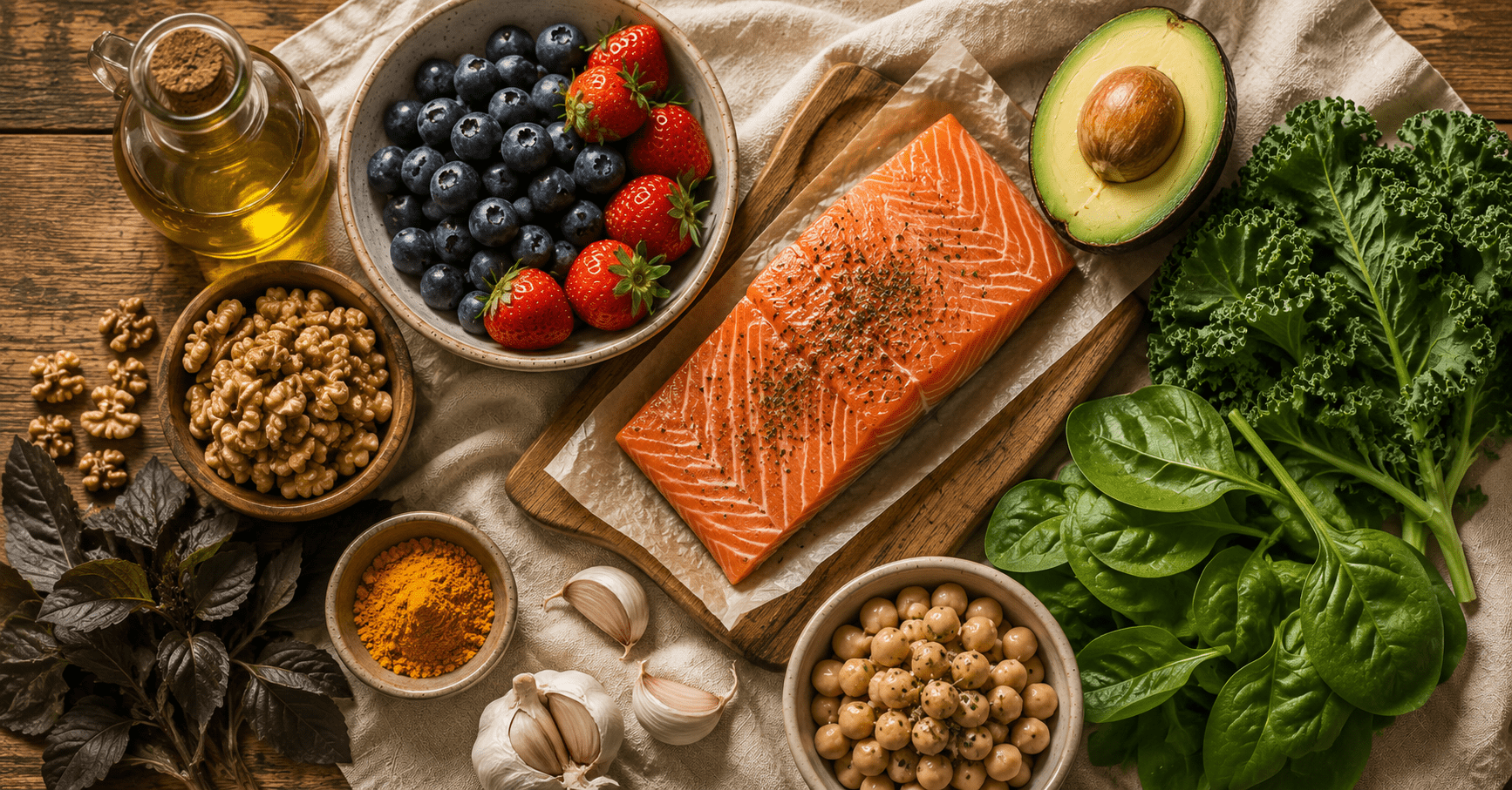 Anti inflammation diet meal plan Mediterranean ingredients flat lay with salmon olive oil berries turmeric and leafy greens, inflammation diet recipes