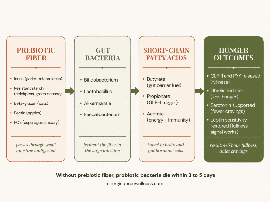 Prebiotic Foods That Feed Beneficial Gut Bacteria and Reduce Cravings (The Part Nobody Talks About) How prebiotic fiber feeds gut bacteria and reduces hunger cravings infographic showing fiber to bacteria to short chain fatty acids to hunger hormones pathway