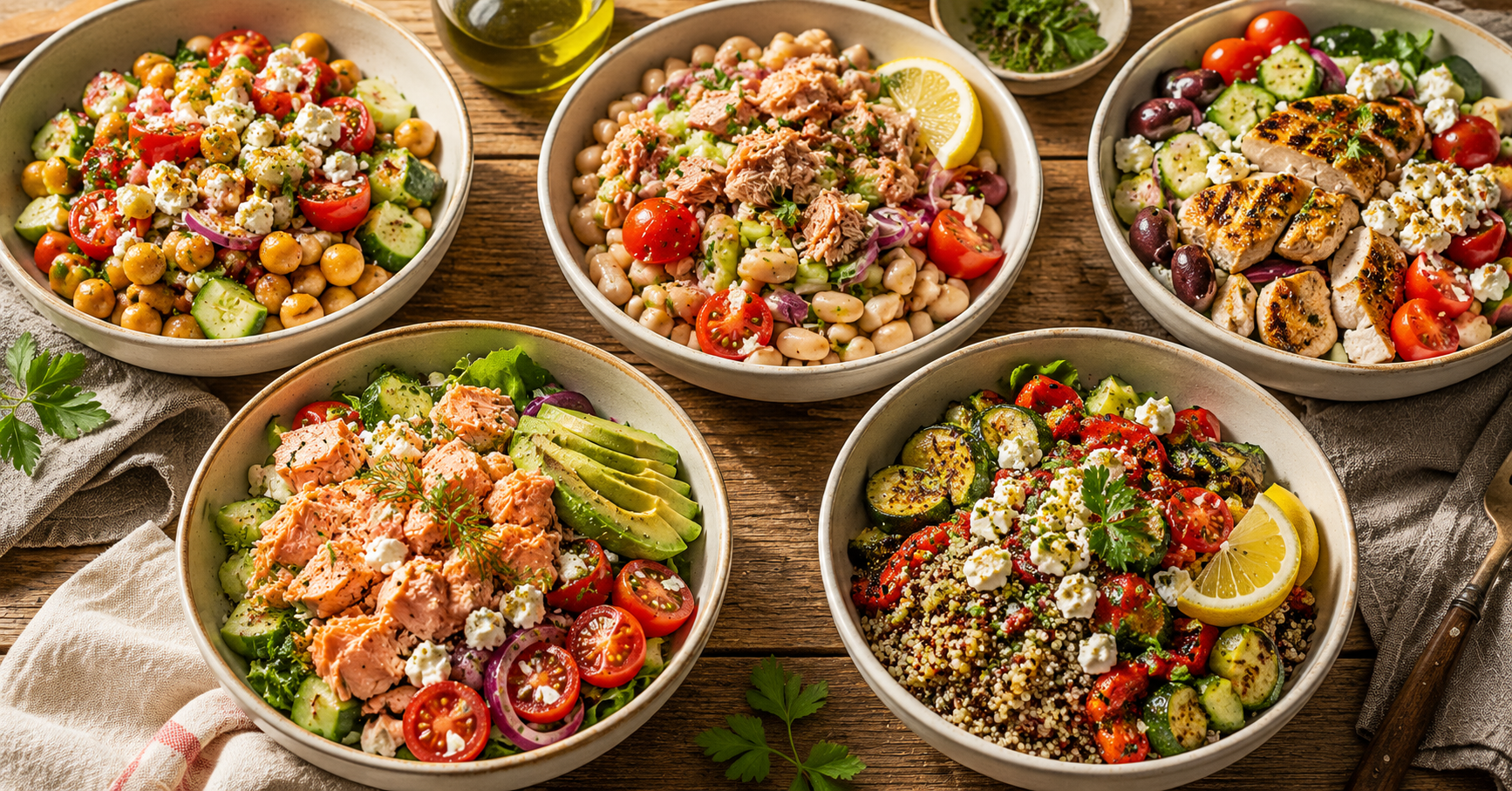 5 Mediterranean Summer Salad Bowls That Keep You Full All Afternoon Five vibrant Mediterranean summer salad bowls arranged on a wooden table, mediterranean summer salad ideas for lunch