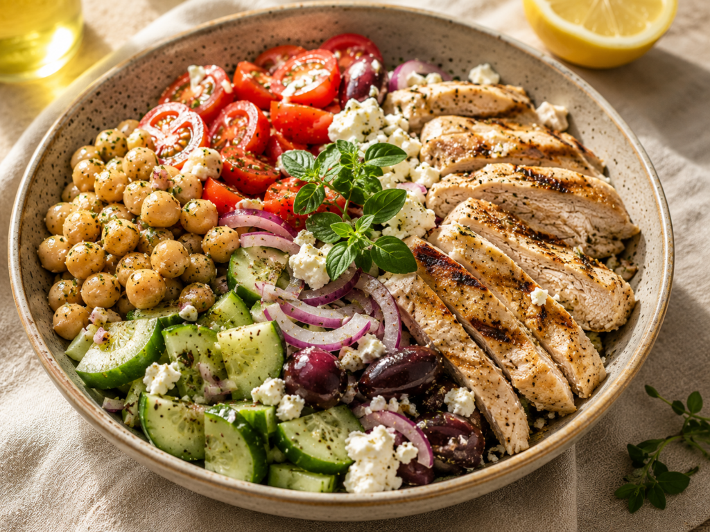 Greek chicken and chickpea bowl with feta olives and cucumber, mediterranean summer salad recipe