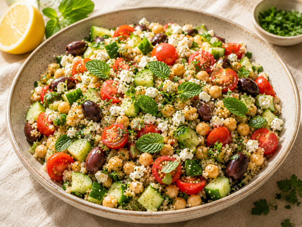 Chickpea quinoa and feta Mediterranean summer salad bowl with fresh herbs, high protein summer salad
