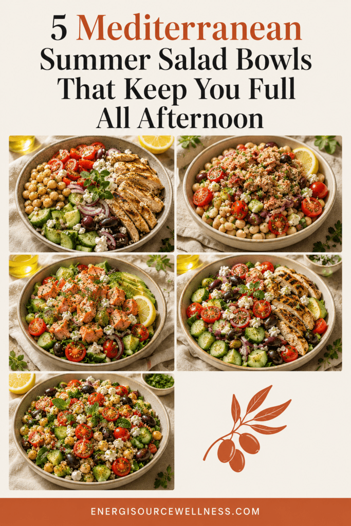 Five Mediterranean summer salad bowls with chickpeas, salmon, tuna, and feta, mediterranean summer salad ideas that keep you full