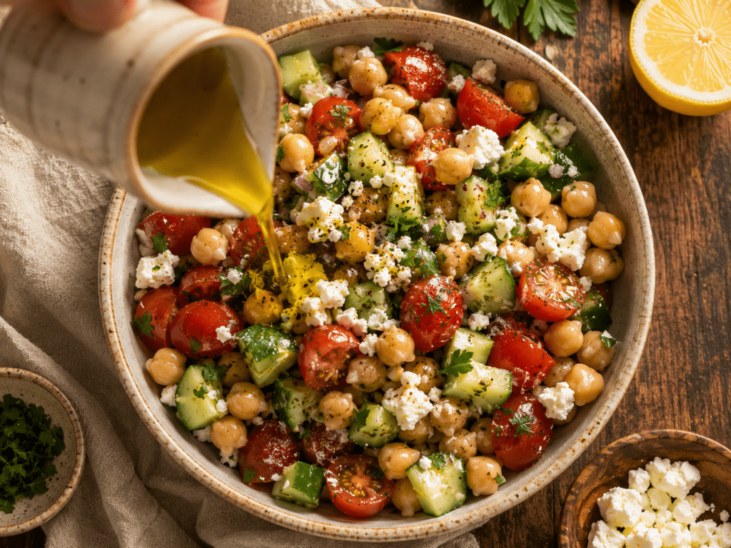 Close up overhead of mediterranean chickpea salad dressing being poured with olive oil and lemon, chickpea salad recipe easy