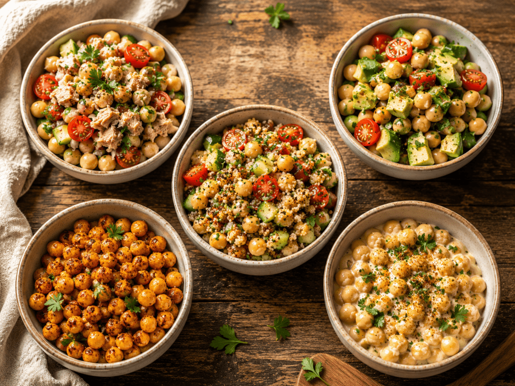Five mediterranean chickpea salad variations in ceramic bowls, chickpea tuna salad chickpea avocado quinoa chickpea roasted chickpea tahini