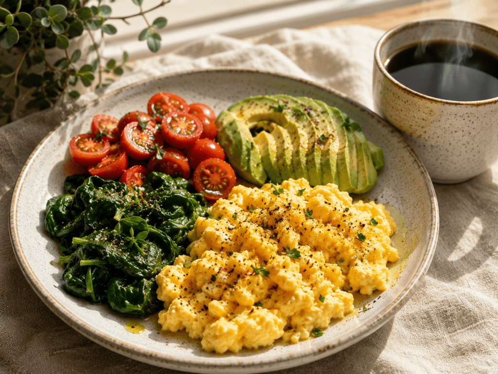 Why Do I Crave Sugar in the Morning? (And Why Your Breakfast Is Setting the Pattern for the Whole Day) Savory Mediterranean breakfast plate with eggs spinach olive oil and avocado that resolves morning sugar cravings through protein and healthy fat