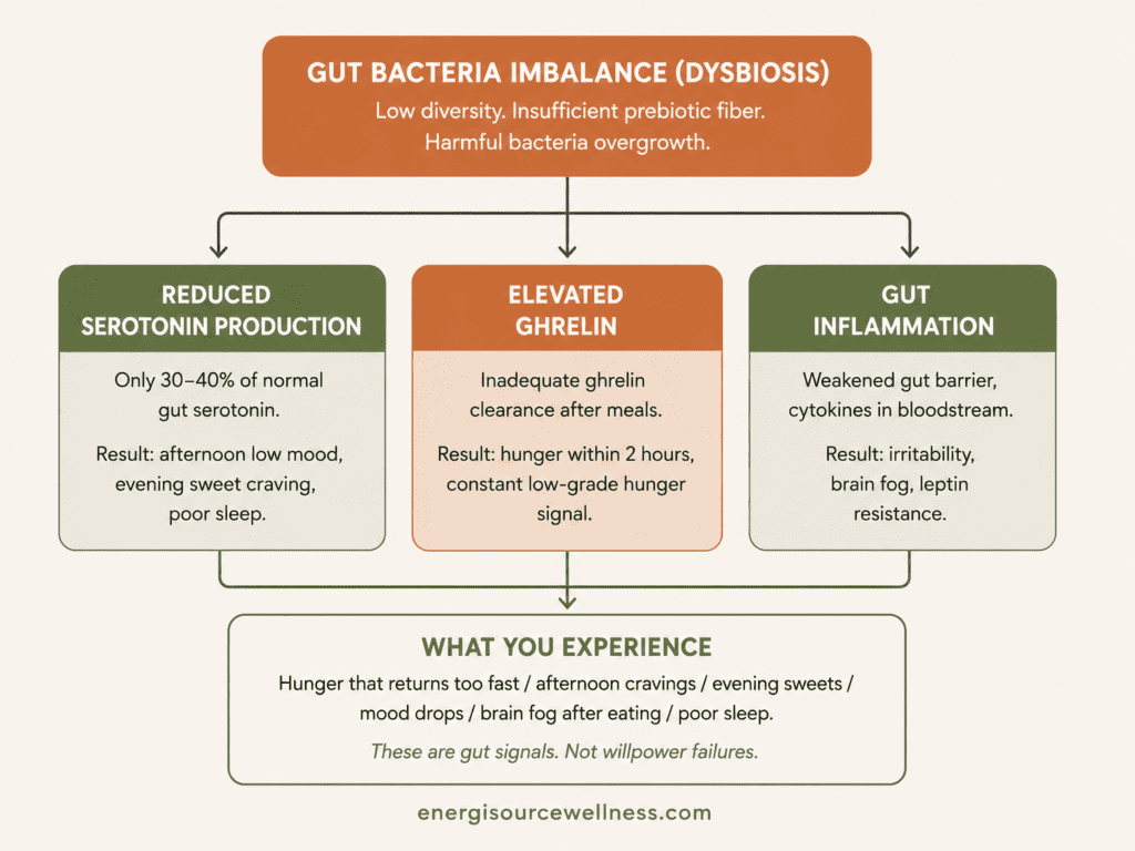Signs Your Gut Health Is Affecting Your Hunger and Mood (Most People Miss These) How gut bacteria imbalance causes hunger and mood signs infographic showing mechanism from dysbiosis to serotonin ghrelin and inflammation effects