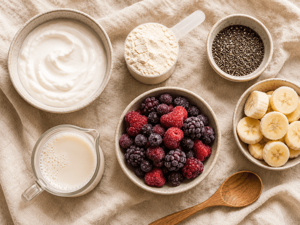 High protein smoothie bowl base ingredients including Greek yogurt protein powder chia seeds and frozen berries, high protein breakfast bowl