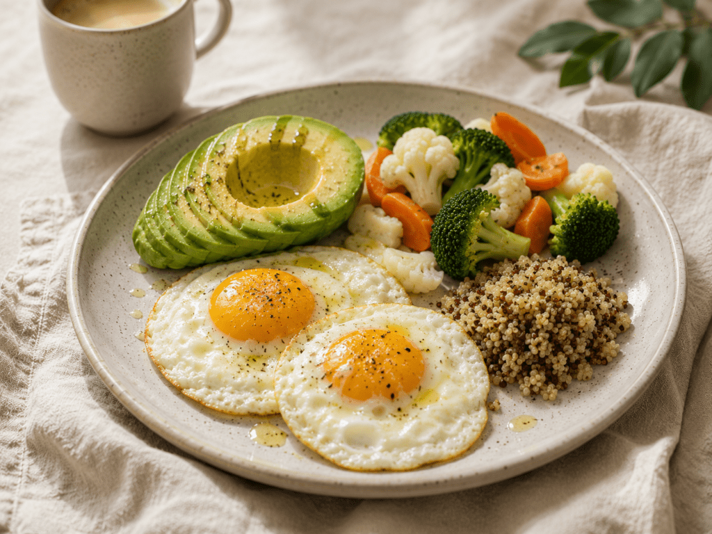What I Eat in a Day on the Mediterranean Diet Savory Mediterranean breakfast plate with eggs avocado steamed vegetables and olive oil, high protein breakfast