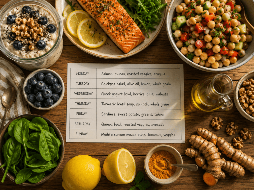 7-day anti inflammation diet meal plan weekly overview showing Mediterranean meals for each day, inflammation diet meal plan beginner