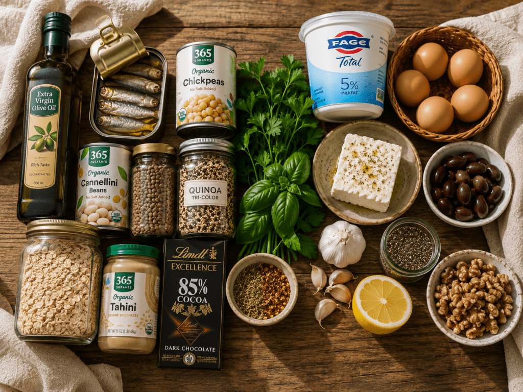 The Mediterranean Diet Food List for Hunger and Fullness (The Version Nobody Else Is Writing) Mediterranean diet pantry essentials flat lay showing olive oil chickpeas lentils Greek yogurt eggs quinoa walnuts and whole grain staples organized on a wooden surface