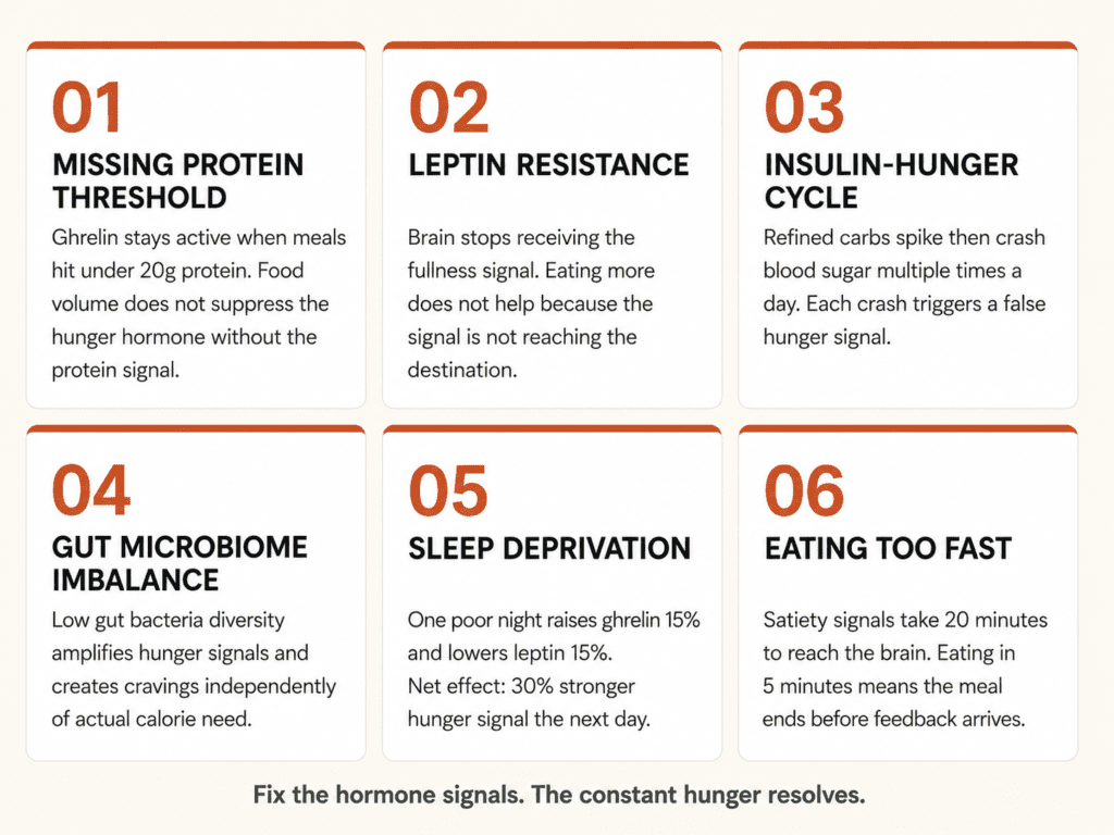 Why Am I Always Hungry Even Though I Eat a Lot? (It Is Not Your Appetite) Six reasons for constant hunger infographic showing ghrelin leptin protein deficit inflammation insulin cycle gut bacteria sleep and eating speed