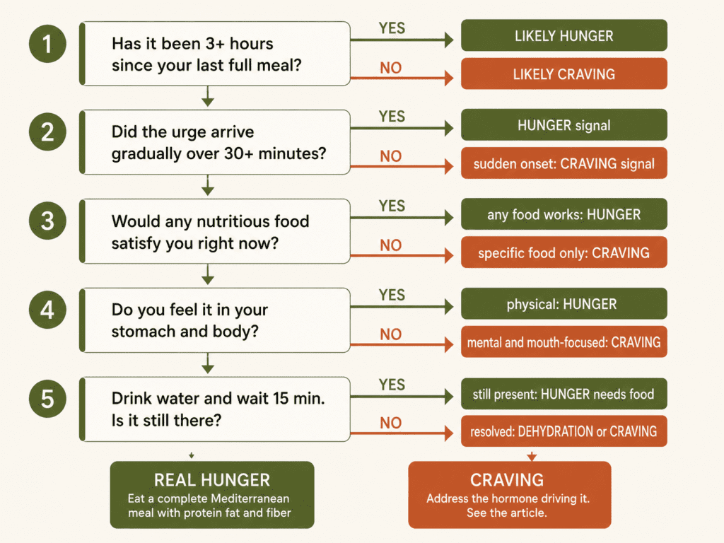 Hunger vs Cravings: How to Tell the Real Difference (and What to Do About Each) Five question test to tell the difference between real hunger and food cravings showing step by step diagnostic with Mediterranean food responses