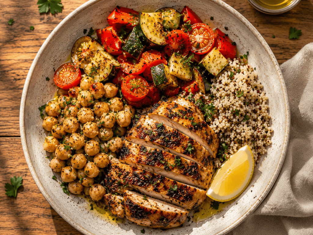 Mediterranean lunch plate showing all four blood sugar stabilizing elements protein chickpeas olive oil and vegetables to prevent post meal crash