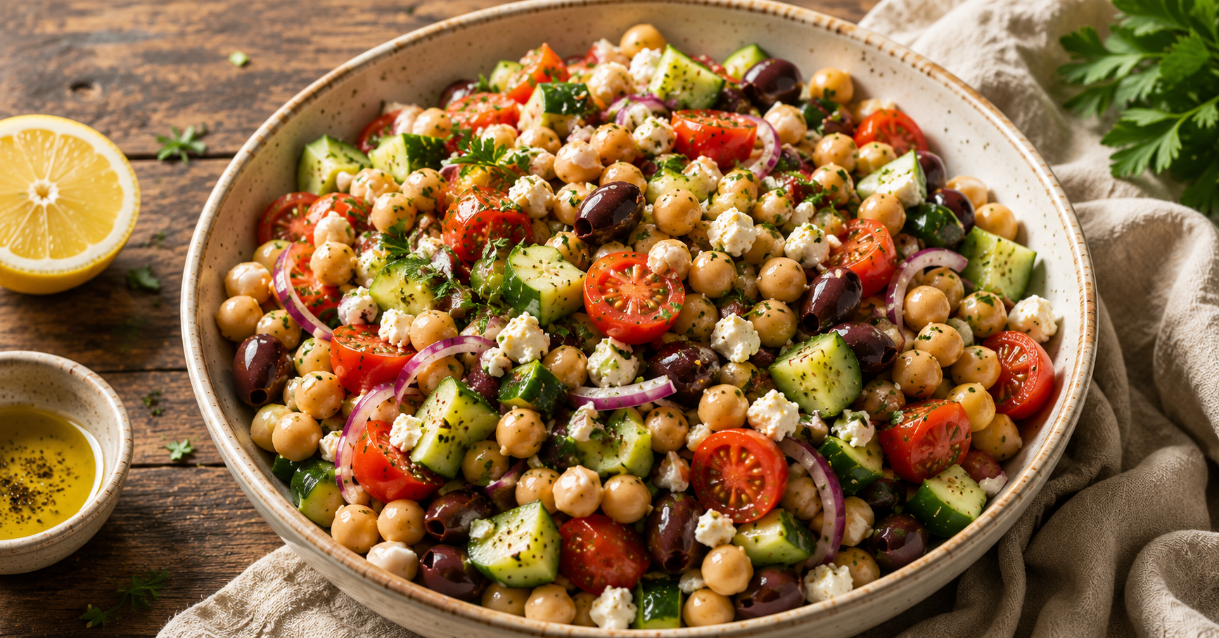 Mediterranean Chickpea Salad That Keeps You Full for Hours Mediterranean chickpea salad in a wide ceramic bowl with cucumber tomatoes olives feta and olive oil dressing, mediterranean chickpea salad recipe