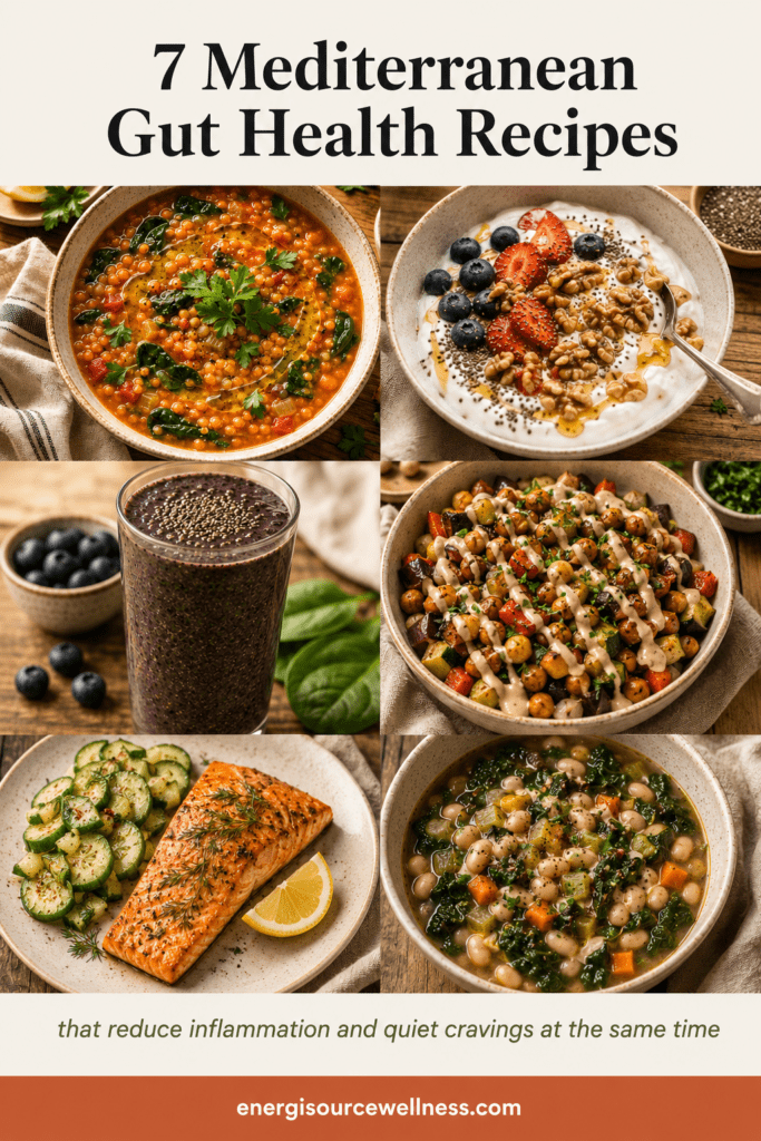 Mediterranean gut health recipes collage
