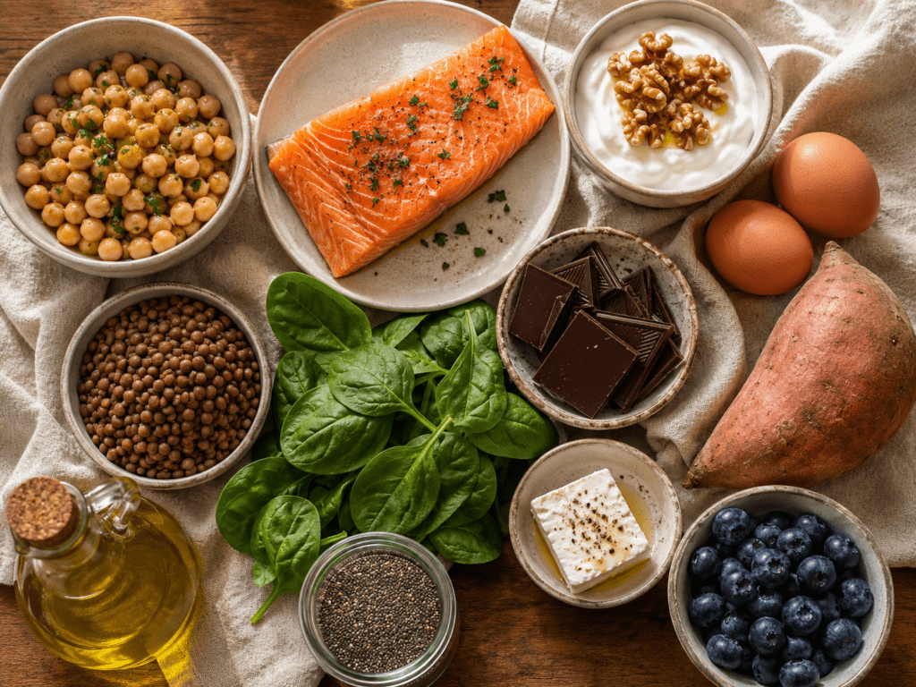 Mediterranean foods for luteal phase hunger showing tryptophan rich protein sources complex carbs and anti-inflammatory foods arranged in a food grid