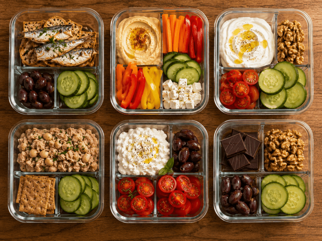 5-Minute Mediterranean Snack Boxes That Stop the 3pm Craving at Your Desk Six Mediterranean snack boxes arranged in a flat lay showing all six combinations including sardines hummus yogurt tuna cottage cheese and dark chocolate