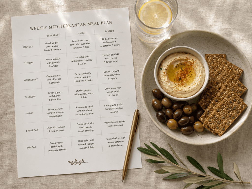 Mediterranean meal plan weekly schedule with grocery list, eat this much mediterranean meal planning