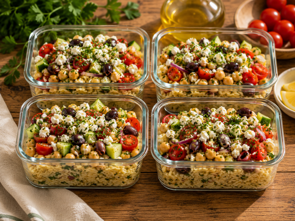  Mediterranean orzo salad meal prep in glass containers showing four portions ready for the week with chickpeas feta and fresh herbs visible