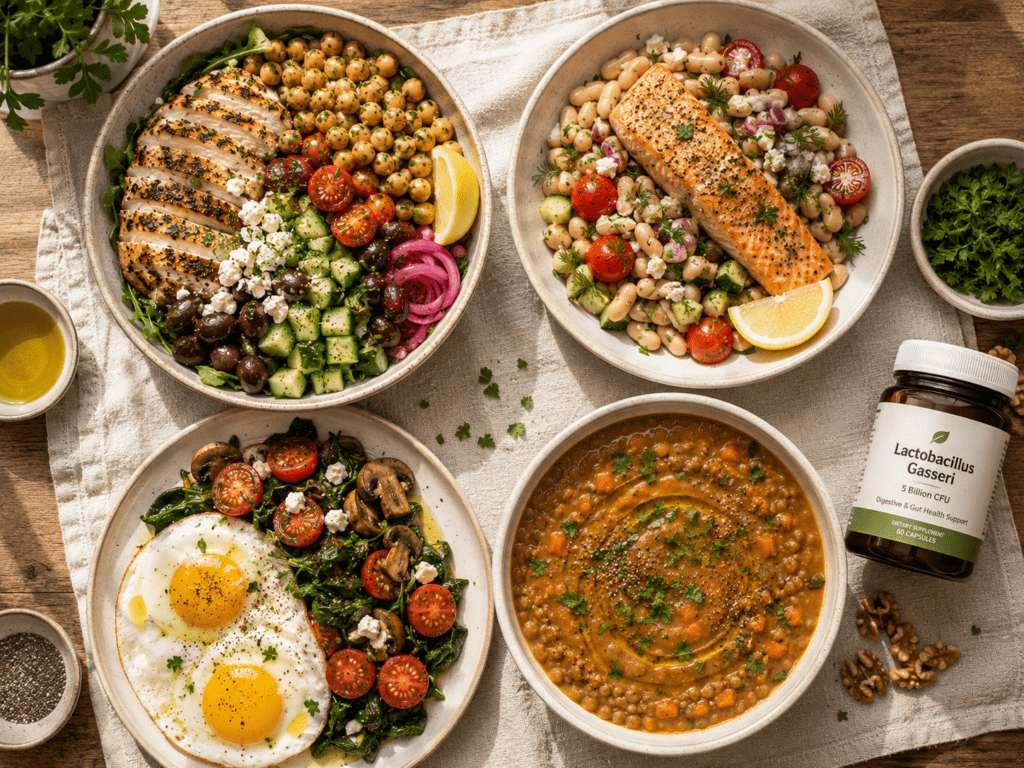 Why Am I Always Hungry Even Though I Eat a Lot? (It Is Not Your Appetite) Mediterranean meals that reset constant hunger showing protein-rich balanced bowls with chickpeas olive oil and vegetables arranged in a meal prep layout